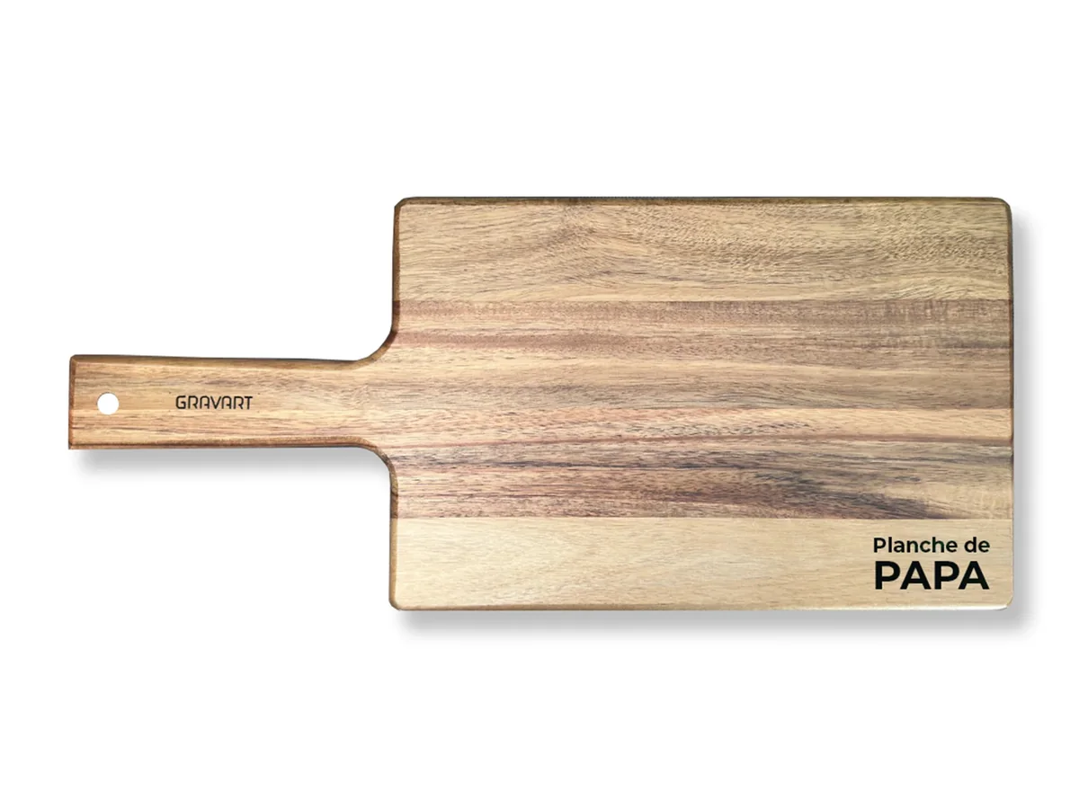 Plateau de service en bois d’acacia avec poignée, gravé « Planche de papa »
