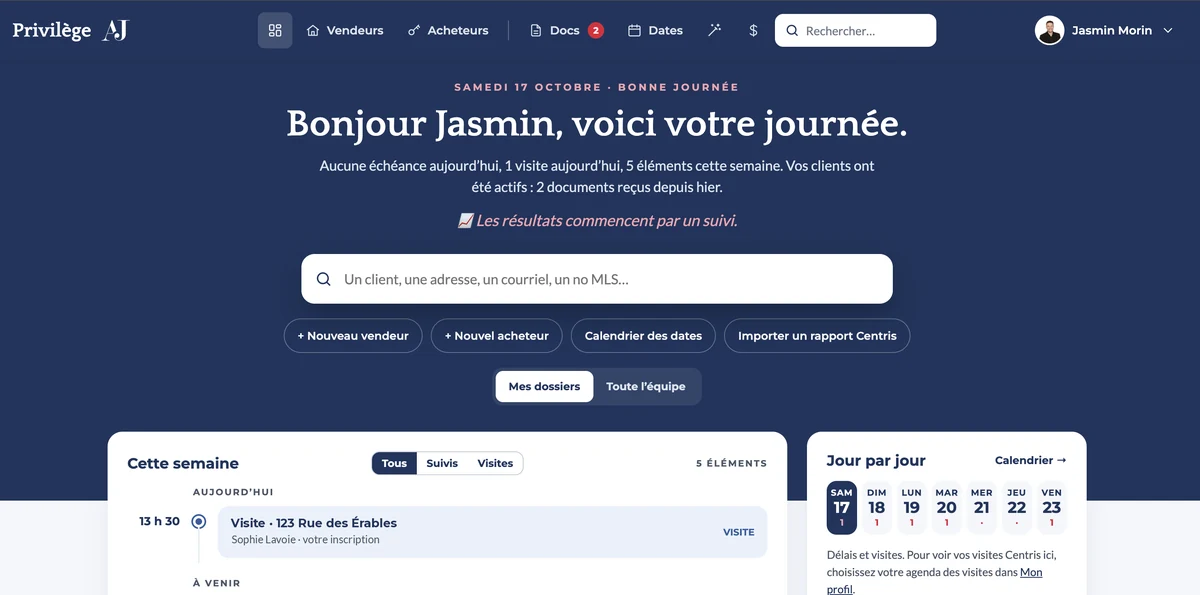 Écran « Ma journée » de Privilège AJ : échéances, visites de la semaine, calendrier jour par jour et recherche de clients